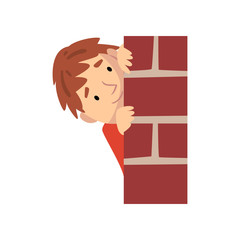 Sticker - Boy Hiding Behind Brick Wall and Peeping Cartoon Vector Illustration