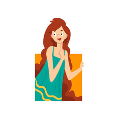 Sticker - Cute Girl Looking Out Square Shape Cartoon Vector Illustration