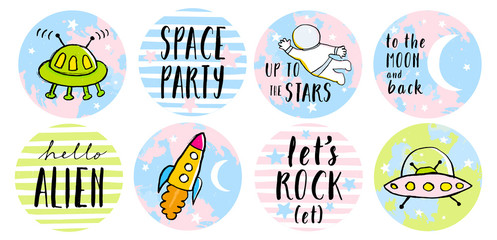 Set of 8 Round Shape Space Party Vector Graphics for Cake Topper, Sticker, Tag, Card, Pirinting. Alien Spacecraft, Rocket,Astronaut, Moon and Stars. Cute Infantile Style Space Party Vector Decoration.