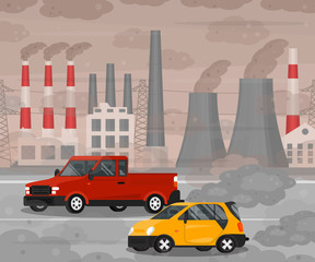 Poster - Cartoon Car Air Pollution Concept Card Poster. Vector