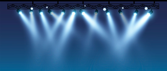 Wall Mural - vector stage with set of blue spotlights. blue stage lights.