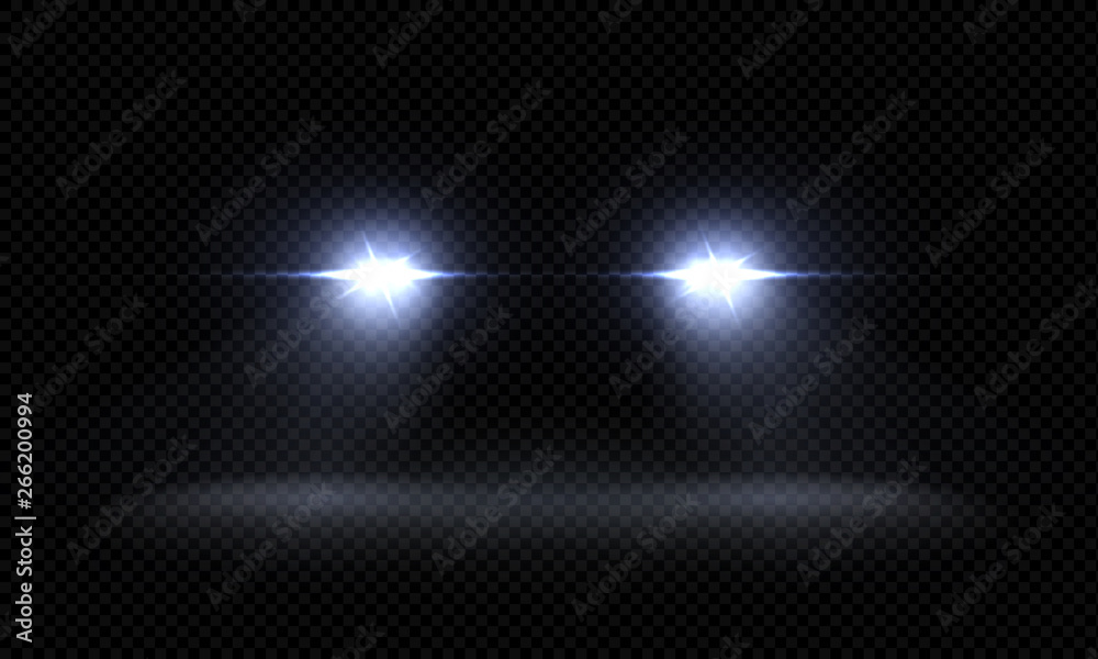 Realistic car headlights. Train front light beams, transparent bright glowing light rays, night road light effects. Vector 3d led lights - obrazy, fototapety, plakaty 