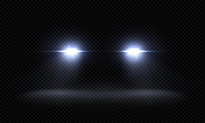 realistic car headlights. train front light beams, transparent bright glowing light rays, night road