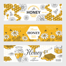 Honey Labels. Honeycomb And Bees Vintage Sketch Background, Hand Drawn Organic Food Retro Design. Vector Sweet Nature Organic Honey Graphic Banners Set