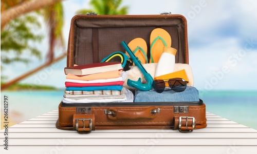 Fotomural Retro suitcase with travel objects on sea background