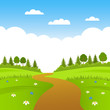 © Higher than clouds - beautiful summer landscape field, forest and road. flat vector