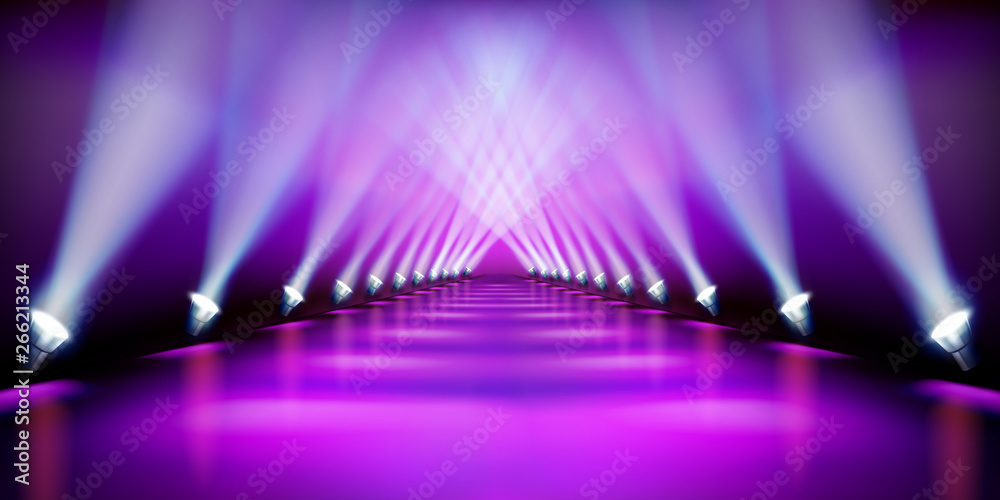 Stage podium during the show. Purple carpet. Fashion runway. Vector illustration. - obrazy, fototapety, plakaty 