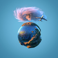 Wall Mural - airplane flies over the small planet