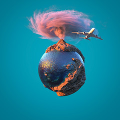 Wall Mural - airplane flies over the small planet