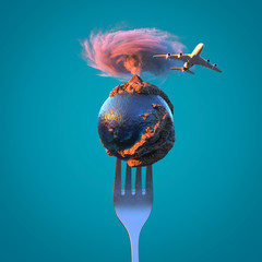 Poster - airplane flies over the small planet on a fork