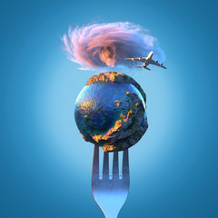 Wall Mural - airplane flies over the small planet on a fork