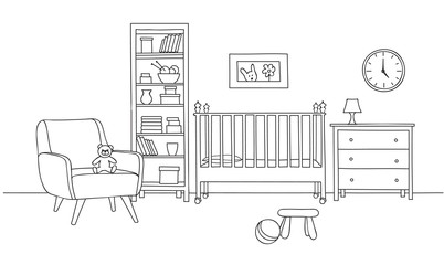 Bedroom interior background. Baby bed-room line art. Kid room fu