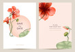Invitation card template in the botanical style. Nasturtium flowers on a pink background. Background for the invitation, shop, beauty salon, spa. 