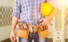 Male Worker With Tool Belt Isolated On White  Background