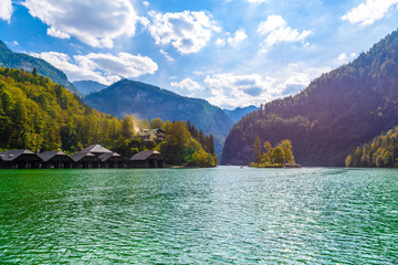 Wall Mural - Wooden old houses on the lake, Schoenau am Koenigssee, Konigsee, Berchtesgaden National Park, Bavaria, Germany