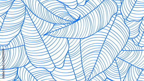 Foliage seamless pattern, Philodendron orange leaves line art ink drawing in ...