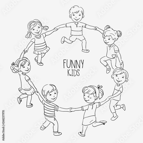 Happy Kids Holding Hands And Dancing In A Circle Cute Boys And
