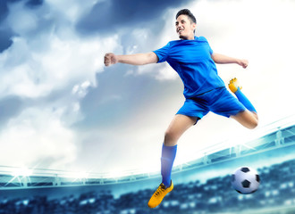 Poster - Asian football player man jumping and kicking the ball in the air