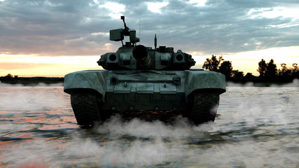 Wall Mural - Heavy Military Tank in Battlefield Landscape at Sunset with Beautiful Sky. 3D Rendering