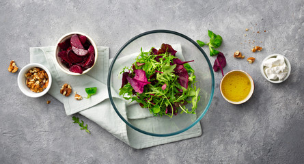 Canvas Print - Cooking healthy food. Ingredients for preparation summer salad of baked beets on gray background