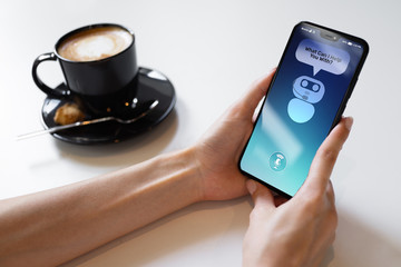 Poster - customer and chatbot dialog on smartphone screen. ai. artificial intelligence and service automation