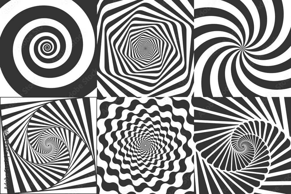 Hypnotic spiral. Swirl hypnotize spirals, vertigo geometric illusion and rotating stripes round pattern vector illustration set - obrazy, fototapety, plakaty 