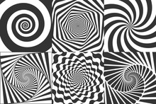 Hypnotic Spiral. Swirl Hypnotize Spirals, Vertigo Geometric Illusion And Rotating Stripes Round Pattern Vector Illustration Set