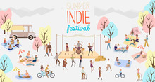Indie Festival Poster With People Walking, Buying Meals, Talking To Each Other, Fun And Dance, Watch The Performance, Cartoon Flat Design. Editable Vector Illustration