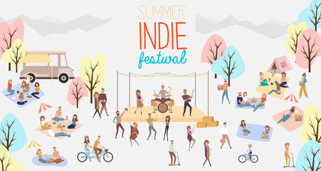 Indie festival poster with people walking, buying meals, talking to each other, fun and dance, watch the performance, cartoon flat design. Editable vector illustration