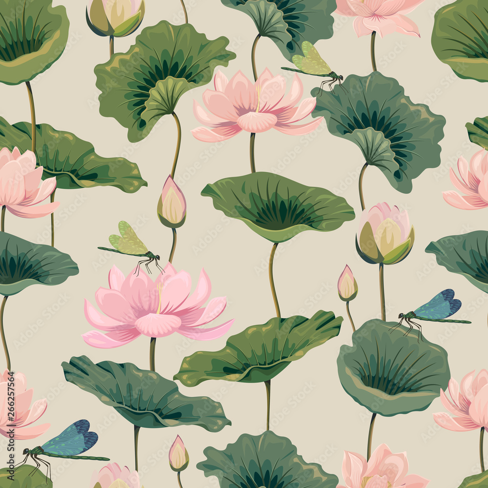 eamless pattern with lotuses and dragonflies Stock Vector | Adobe Stock