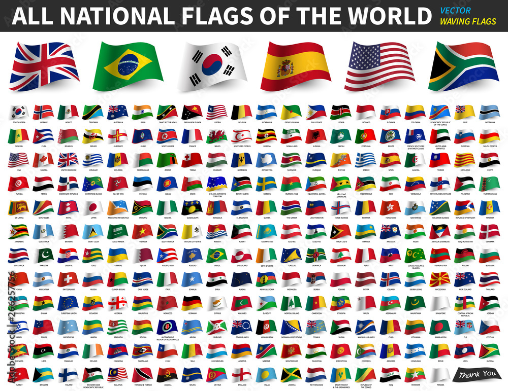 All national flags of the world . Waving flag design . Vector - obrazy, fototapety, plakaty 