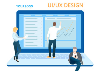 UI design concept with character and text for designer. Device content place infographic. Software group, kit for phone seo programming. UX, digital hero creative flat vector illustration