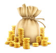 Full sack of cash money corded with rope and heaps of gold coins. Banking concept financial realistic icon of moneybag. Isolated on white transparent background. Gradient mesh used. Illustration.