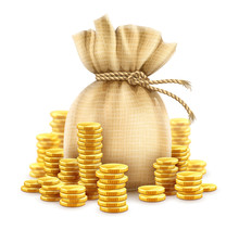 Full Sack Of Cash Money Corded With Rope And Heaps Of Gold Coins. Banking Concept Financial Realistic Icon Of Moneybag. Isolated On White Transparent Background. Gradient Mesh Used. Illustration.