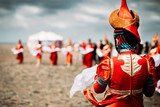 Fototapeta  - Photo of young beautiful women wearing in traditional national mongolian kalmykian dresses in the festival.