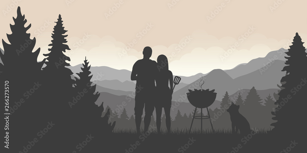 bbq time couple with dog and kettle barbecue in forest and mountain view vector illustration EPS10 - obrazy, fototapety, plakaty 