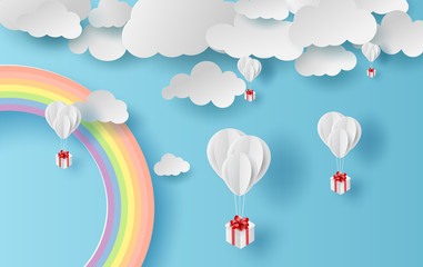 Wall Mural - illustration summer season landscape with a rainbow on blue sky background. balloons gift floating o