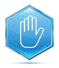 Sticker - Stop hand icon crystal blue hexagon button