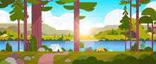 Tents Camping Area In Forest Summer Camp Concept Sunny Day Sunrise Landscape Nature Background With Water Mountains And Hills Flat Horizontal