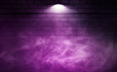 Poster - Empty scene background. Background of old brick wall, neon spotlight, fog. Dark purple abstract background