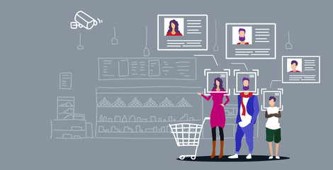 Poster - family with groceries in shopping trolley cart customer identification facial recognition concept grocery shop interior security camera surveillance cctv system horizontal sketch doodle