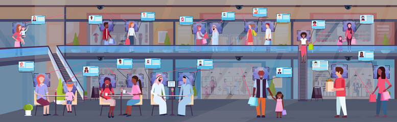 Poster - mix race people walking modern big shopping mall facial recognition concept security camera surveillance cctv system supermarket interior horizontal full length flat