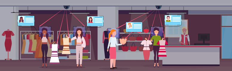Poster - women choosing and shopping closes customers identification facial recognition concept security camera surveillance cctv system shopping boutique interior horizontal full length