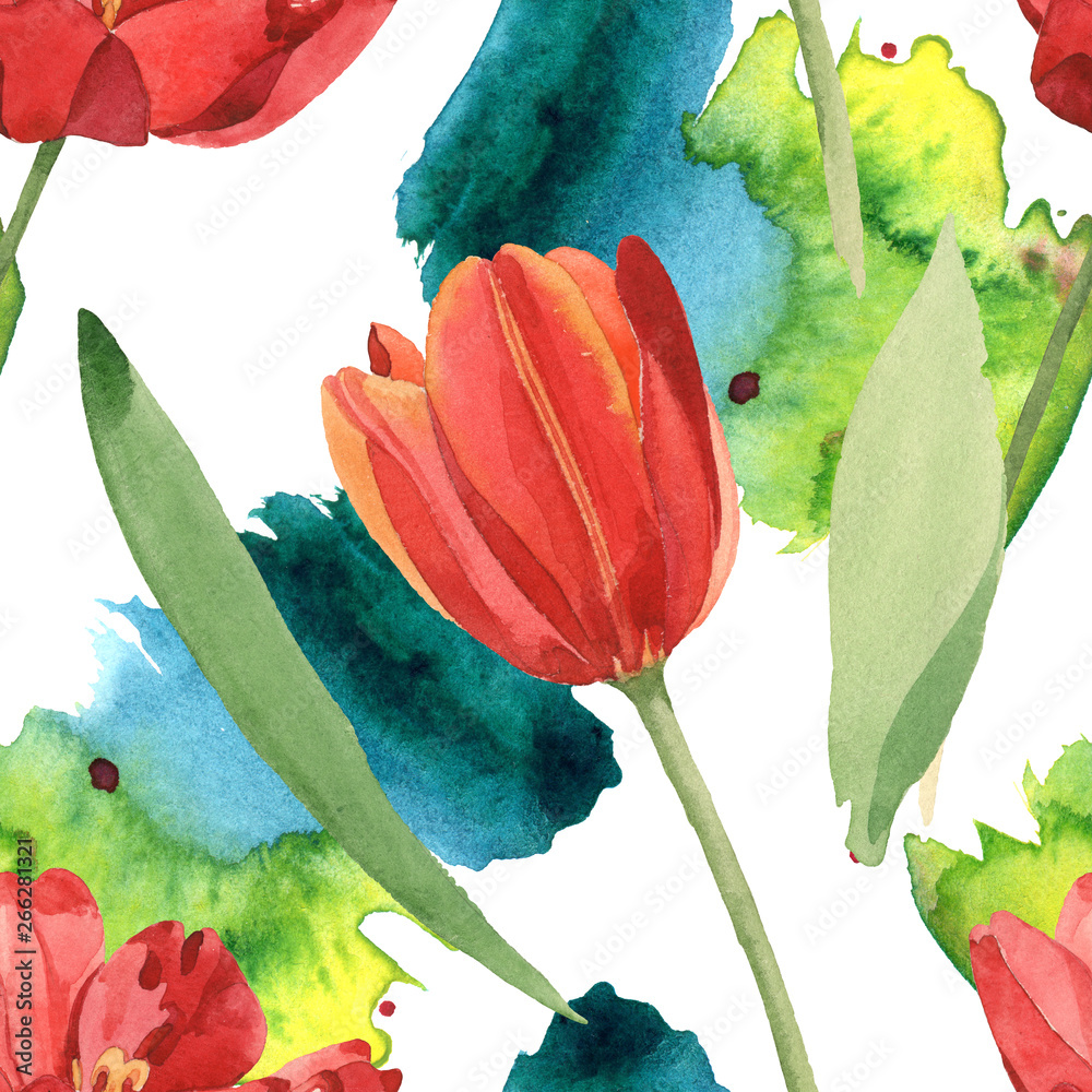 Red tulip floral botanical flowers. Watercolor background illustration set. Seamless background pattern. - obrazy, fototapety, plakaty 