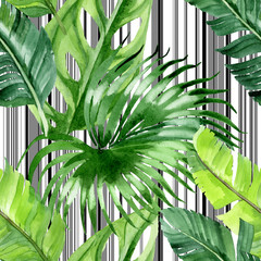 Wall Mural - Palm beach tree leaves jungle botanical. Watercolor background illustration set. Seamless background pattern.