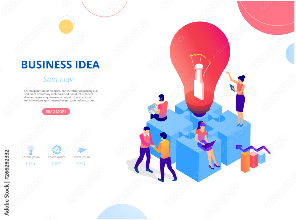 Business idea and project. Homepage, landing page or webpage design template with people and lightbulb. - obrazy, fototapety, plakaty 