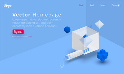 Wall Mural - Blue web homepage template with icons and 3d geometric figures.