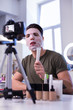 © Viacheslav Yakobchuk - Attentive dark-haired professional artist testing new face mask