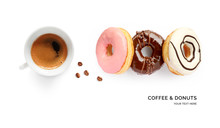 Creative Layout Made Of Donuts And Coffee On White Background. Flat Lay. Food Concept. Macro  Concept.