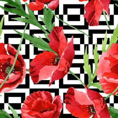 Wall Mural - Red poppy floral botanical flowers. Watercolor background illustration set. Seamless background pattern.